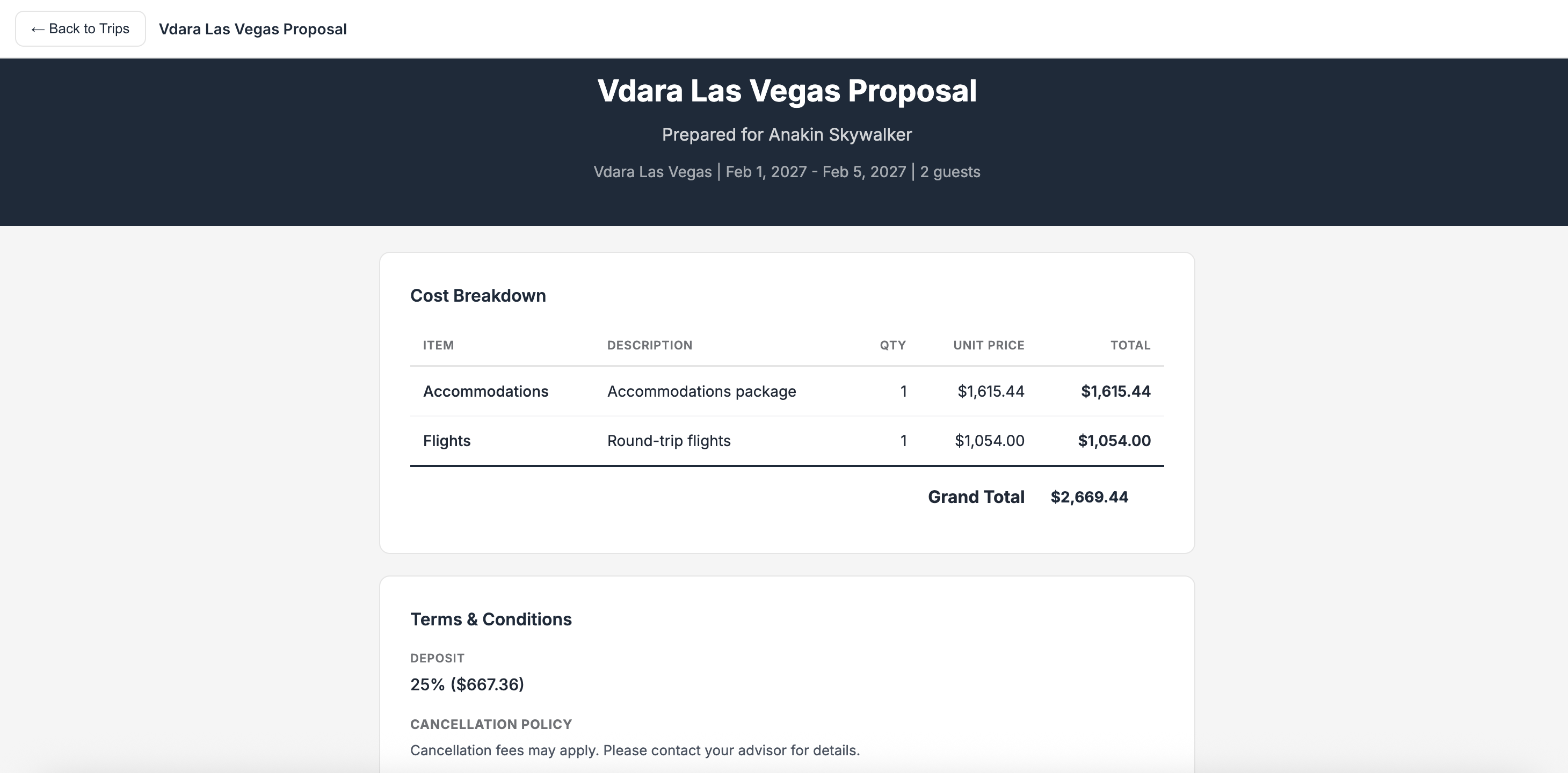 FORGE Proposal with line-item cost breakdown and accept button